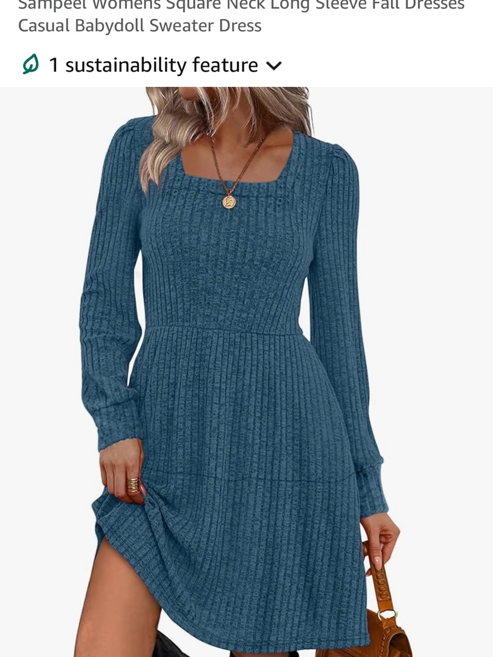 Square-Neck Ribbed Babydoll Dress — Blue